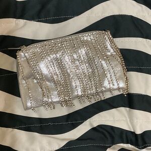 Silver Rhinestone Fringe Clutch